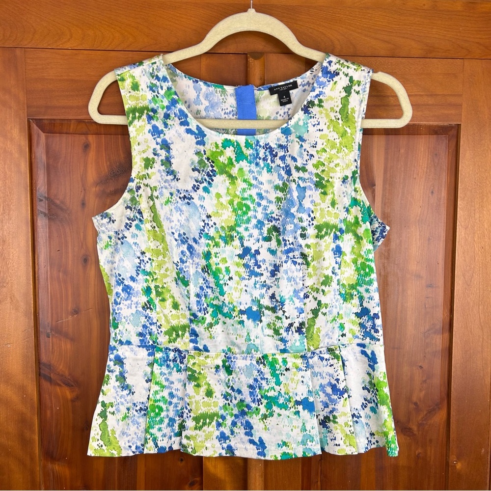 Ann Taylor Multicolor Sleeveless Peplum Blouse Artsy Quiet Luxury Fairycore Y2K
